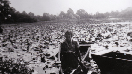 Old photograph of woman in short sleeve blouse paddling a shallow row boat on a very large lily pond.