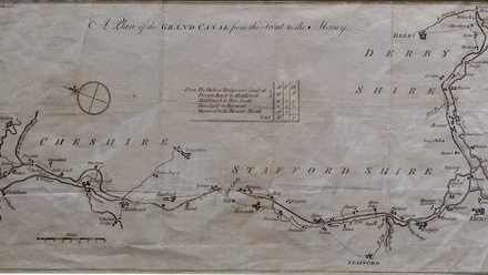 !8th century line drawing of a canal route with towns marked.