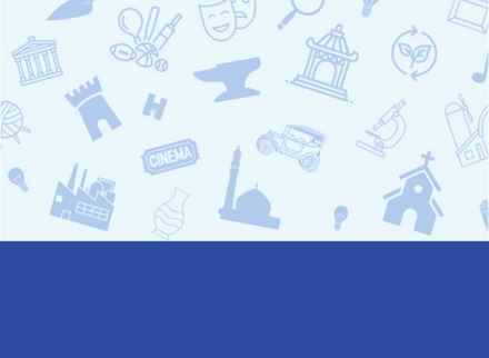 A light blue banner, with icons such as church, lightbulb, train, musical note, windmill, wool ball, vehicle, laptop, silhouettes and a files icon.