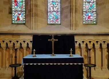East window and altar during Lent
