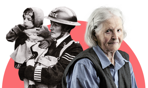 Historic images of a woman and child with a modern image of an elderly woman.