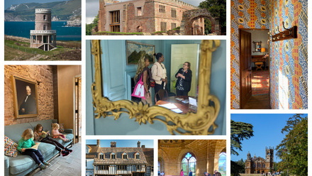 Collage of images of various historic buildings and their interiors.