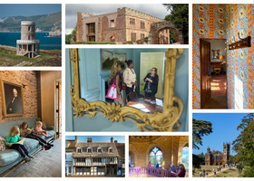 Collage of images of various historic buildings and their interiors.