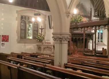 A view inside looking from Lady Chapel (1611) to main Victorian nave (1875).