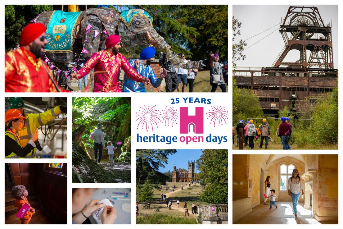 A collage of event images - from dancing maharajas or families exploring houses, woods and abandoned mines. In the middle reads 25 years HODs.