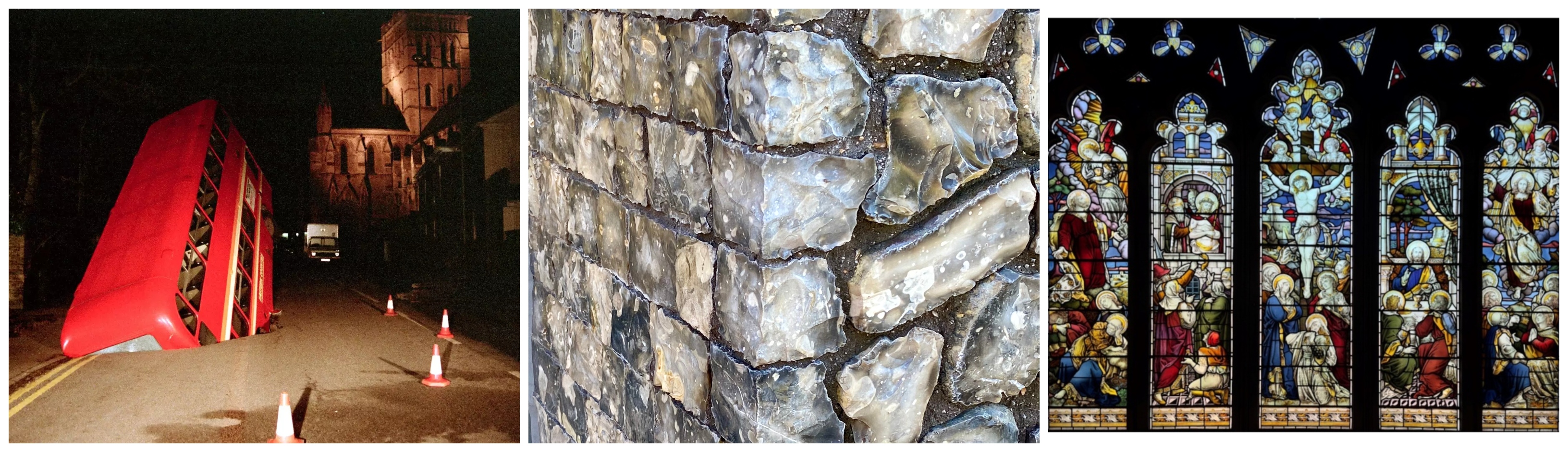 3 images ina row: bus in a sinkhole on road by cathedral, flint wall, stained glass church windows.