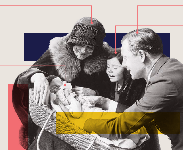 1940s mother and father with young child all gazing at a baby in a carrying basket.