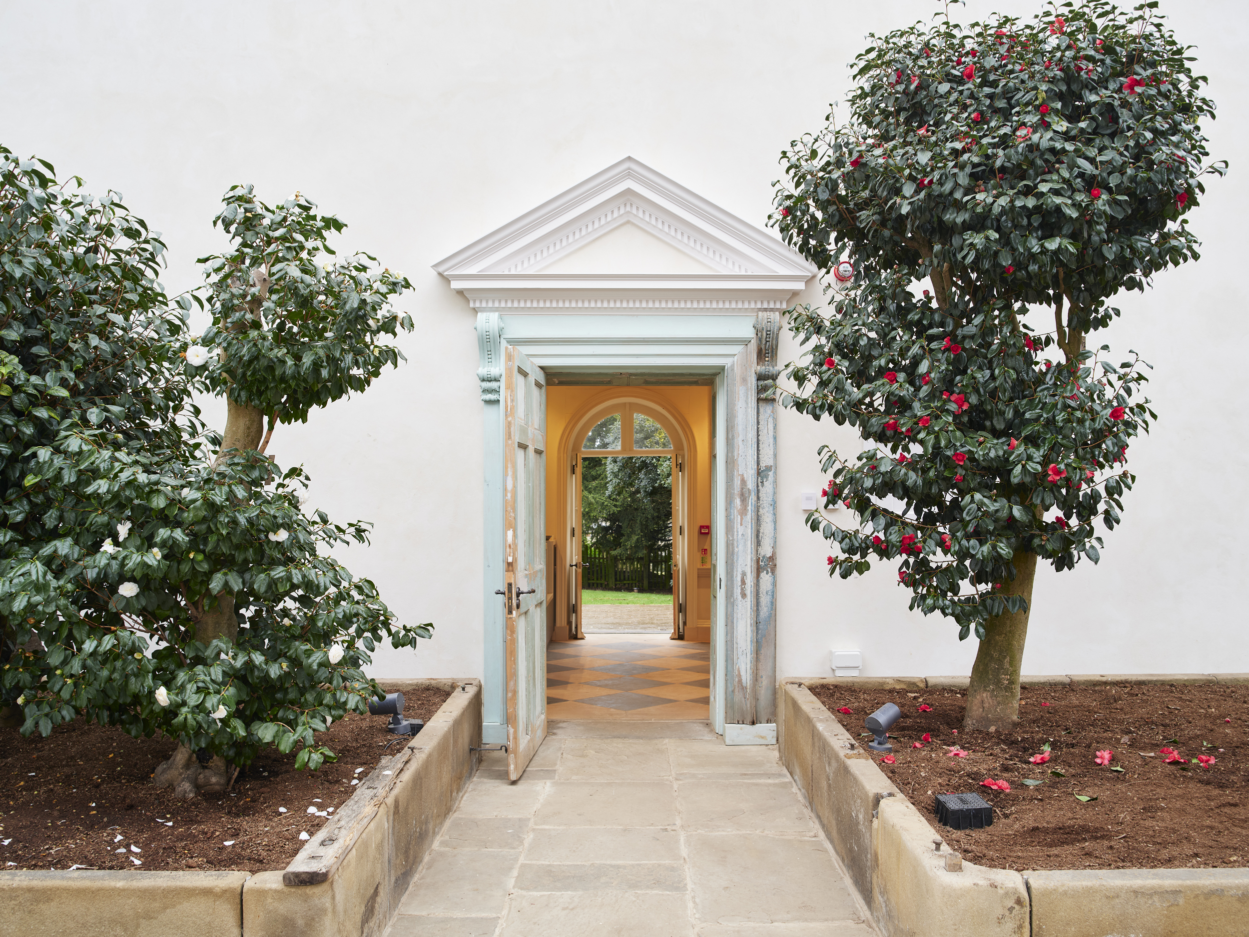 Red flowering shrubs stand either side of an open door in a white wall leading through to another open door onto a garden.