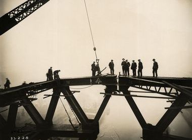 An historic moment as the Newcastle and Gateshead sides of the Tyne Bridge meet, 23 February 1928.