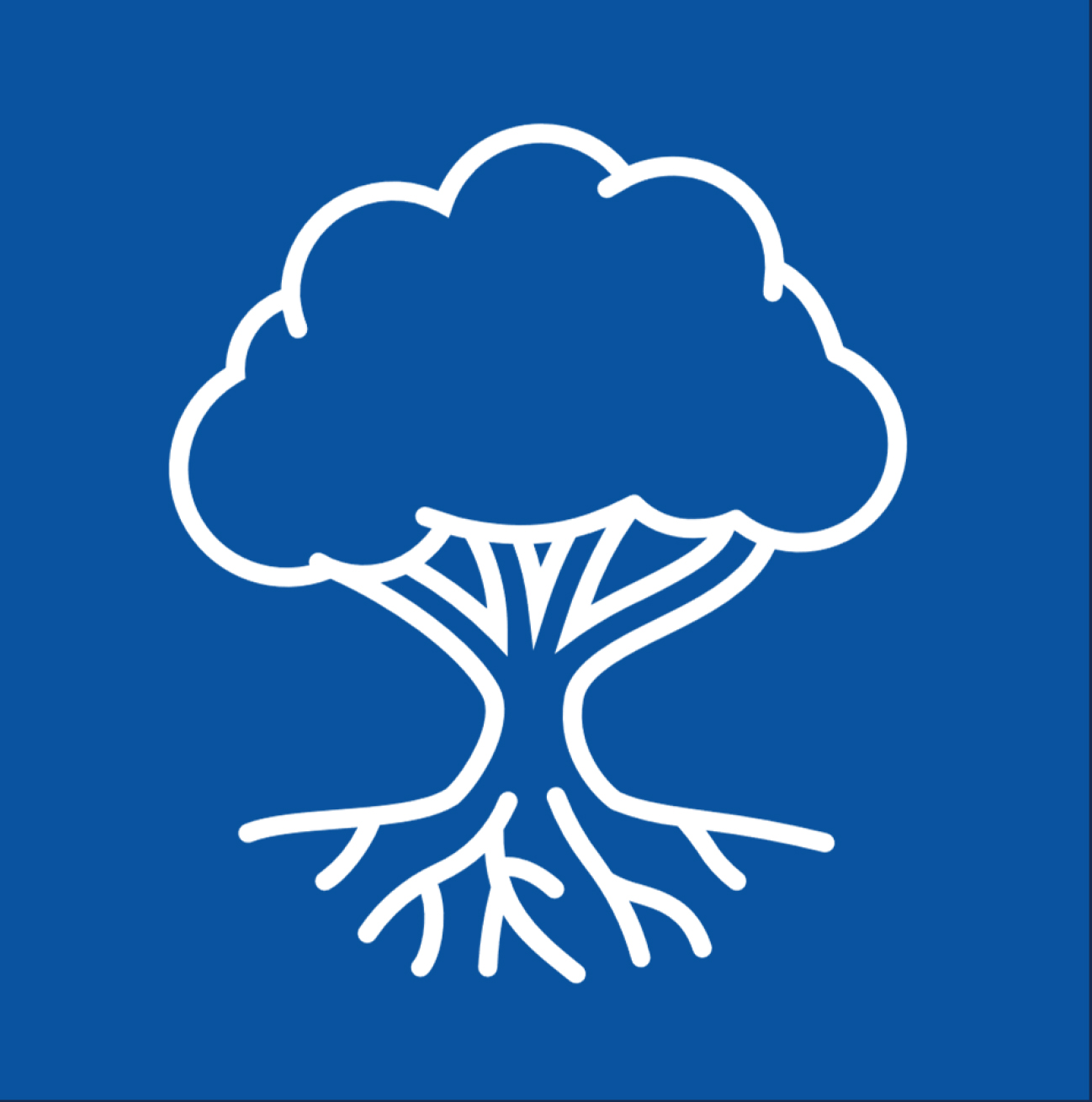 A white tree icon on a blue background.
