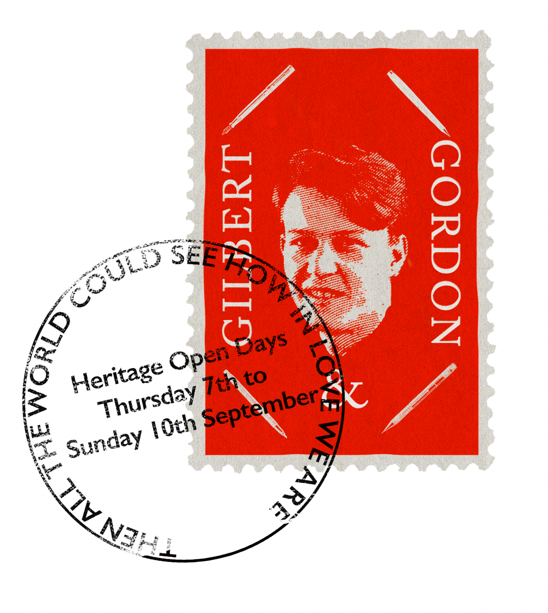 An image of a man, edited to blend into a red postage stamp. The stamp reads Gilbert & Gordon. 'Then all the world could see how in love we are'.