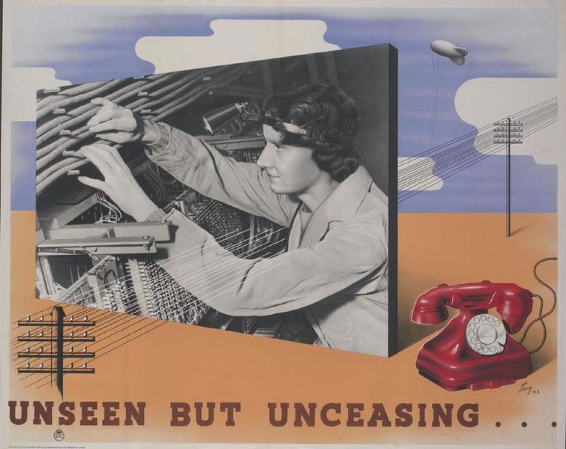 A poster of defined image a women at work in a factory, outside the image is cartoon-esk clouds and desert, with a blimp, electrical wires and phone.
