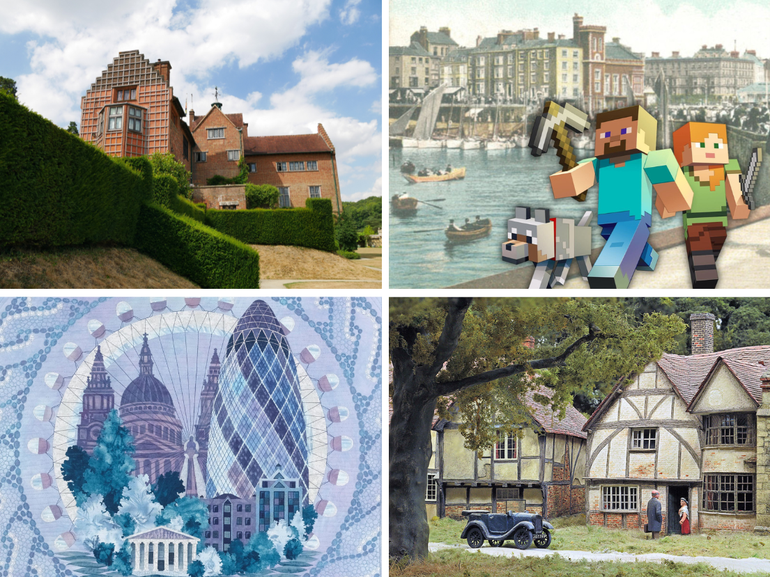 collage of 4 images showing Chartwell, Bridlington with Minecraft characters overlayed, a tapestry of London buildings & a mini recreation of Pendon