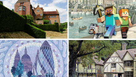 collage of 4 images showing Chartwell, Bridlington with Minecraft characters overlayed, a tapestry of London buildings & a mini recreation of Pendon 