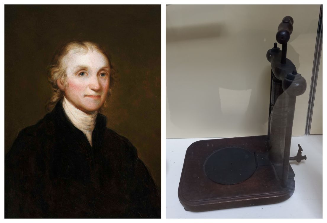 (Left) A paint portrait of a man with a black jacket, high white necked shirt and long grey hair. (Right) A wooden plate with a hand pump attached.