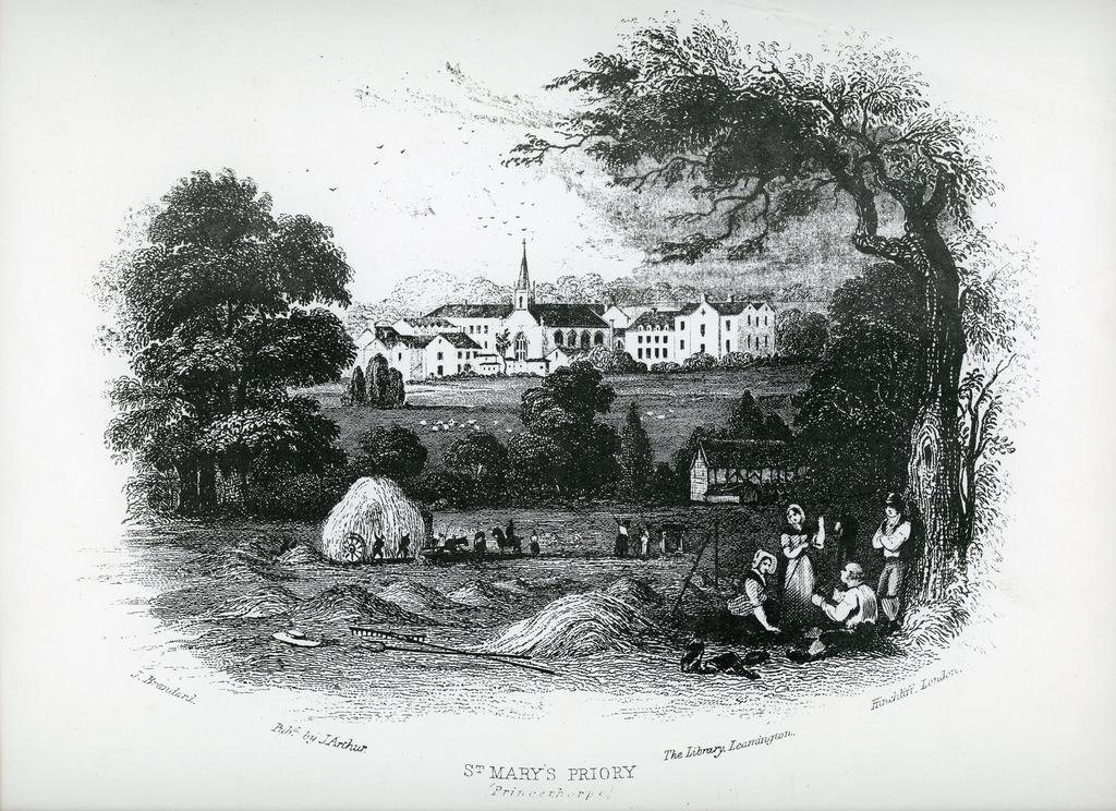 Black and white illustration of a harvest scene with a priory in the background.