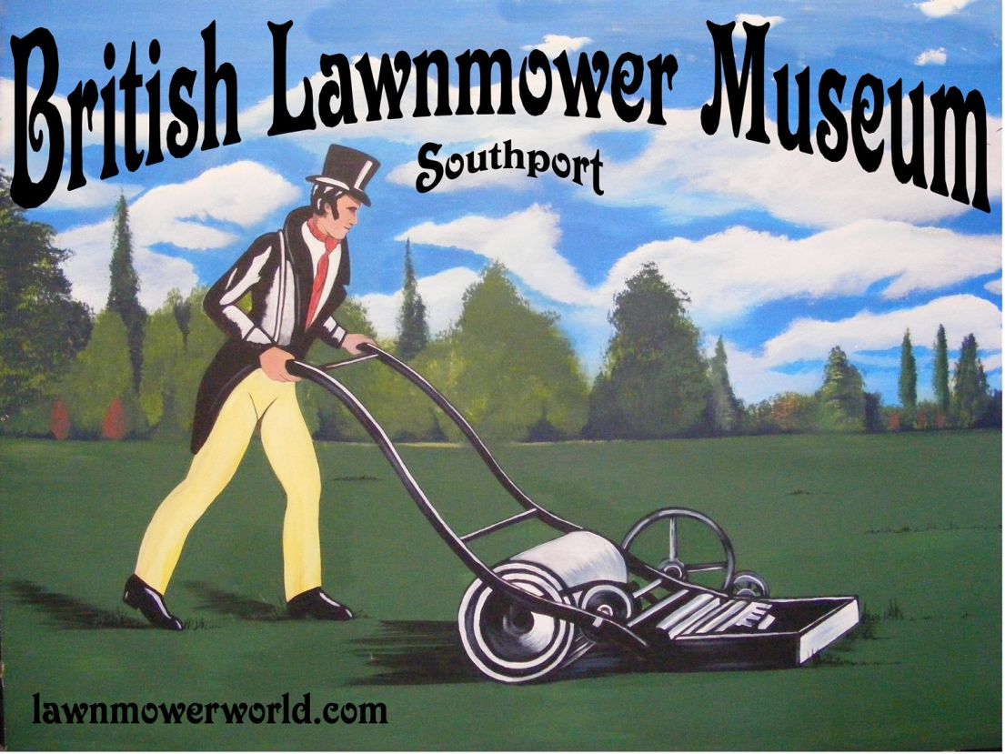A vintage drawn advertisement of a man pushing a lawnmower. The title of the picture is the 'British Lawnmower Museum - Southport'. 