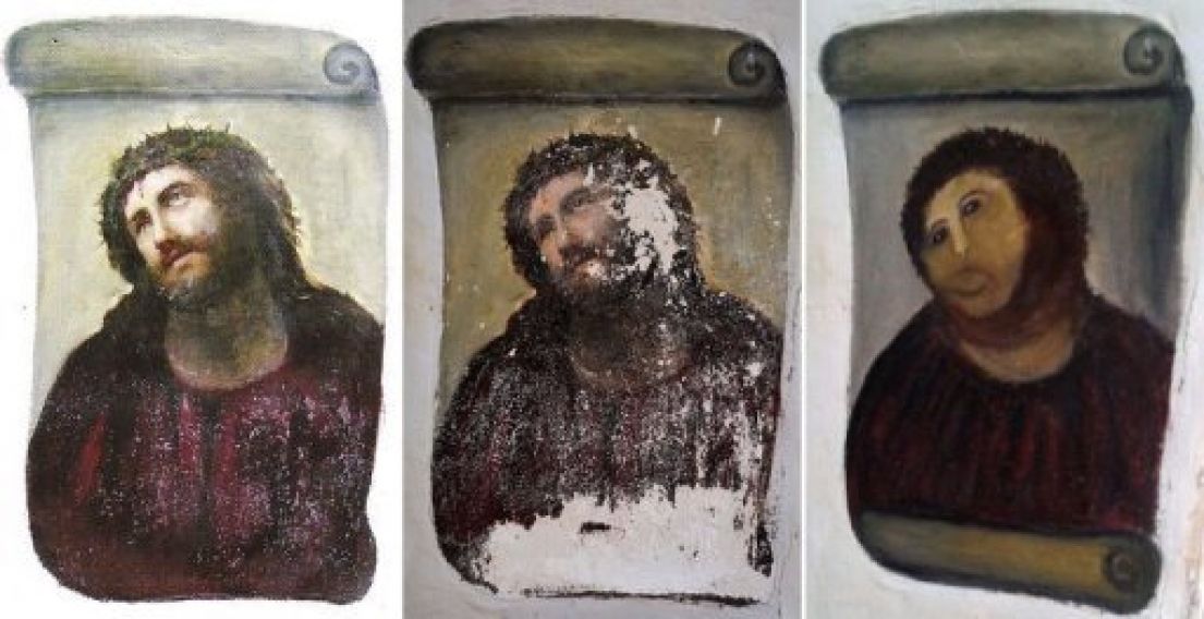 A famous historic painting of Jesus Christ, which was restored by a local, with dire consequences. This image shows the original, before and after.