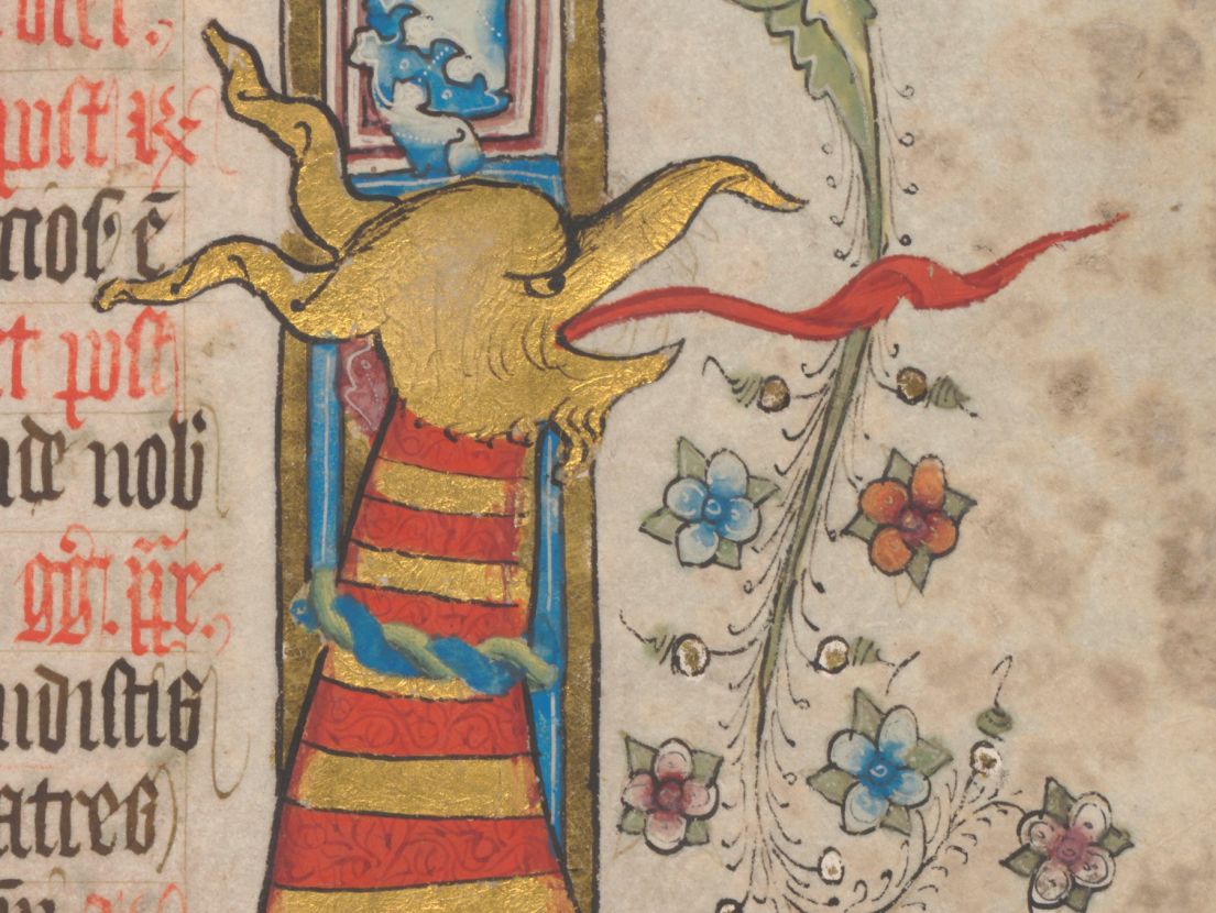 A close up of marginalia in a medieval manuscript. A red and yellow striped dragon with tongue sticking out next to blue and pink flowers.