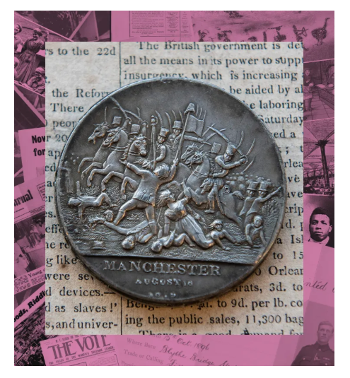 Round metal medal engraved with scene of soldiers on horseback cutting down civilians.