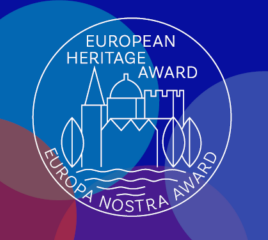 Logo with sketched building outlines.