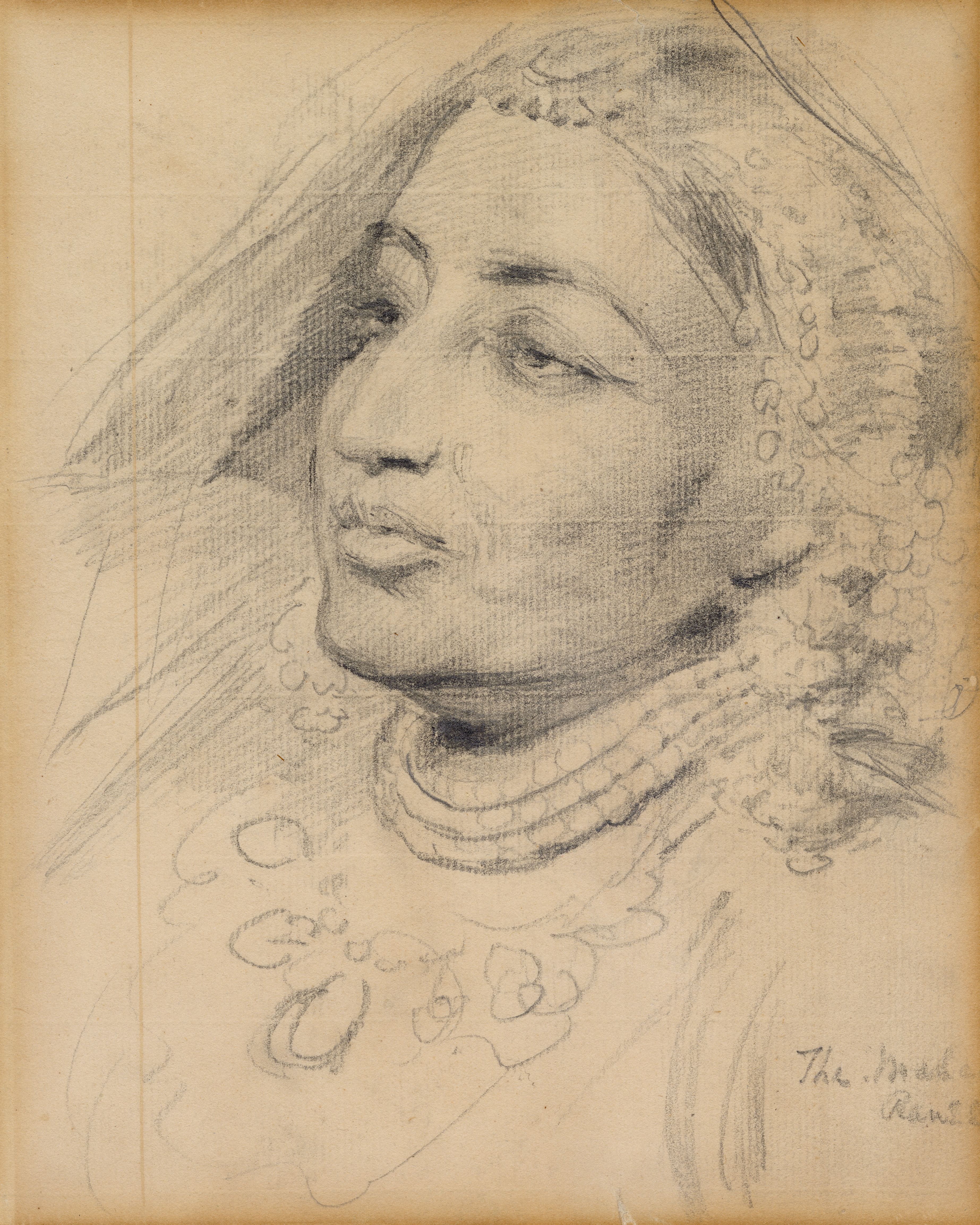 Sketch of an Asian woman's head suggesting a sari and jewelry.