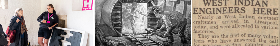 decorative banner containing three images: a photo of two women discussing brick laying, an illustration of train tunnel, and a newspaper clipping