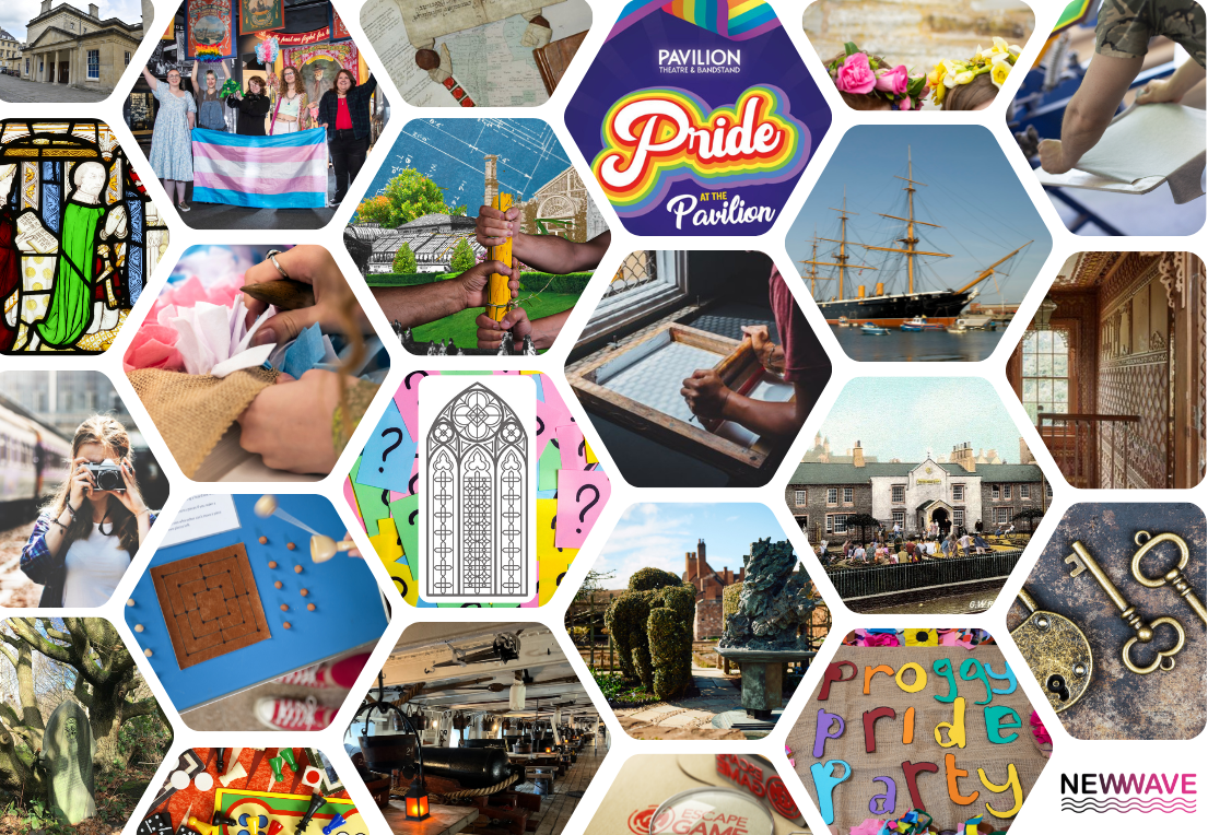 Mosaic of images from crafting, war ships, stained glass windows, ornate corridors.
