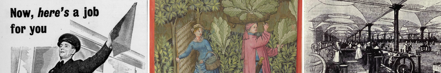 decorative banner containing three images: a train guard advert, an illustration of cabbage harvest and a factory interior