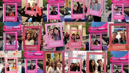 A collage of eighteen photos showing people posing inside pink New Wave selfie frames.