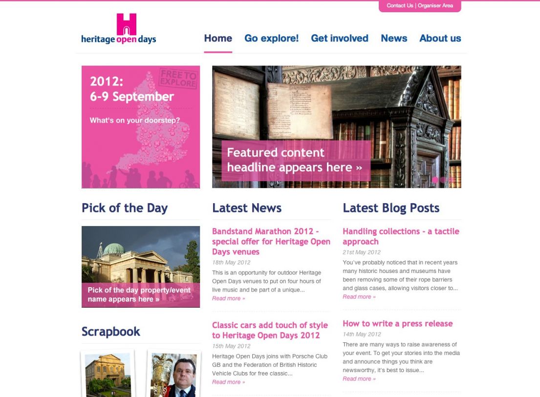 A screenshot of the Heritage Open Days website from 2012.