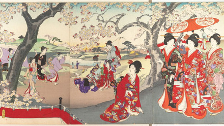 A Japanese painting of women viewing the famous cherry blossom, walking in groups under parasols. 