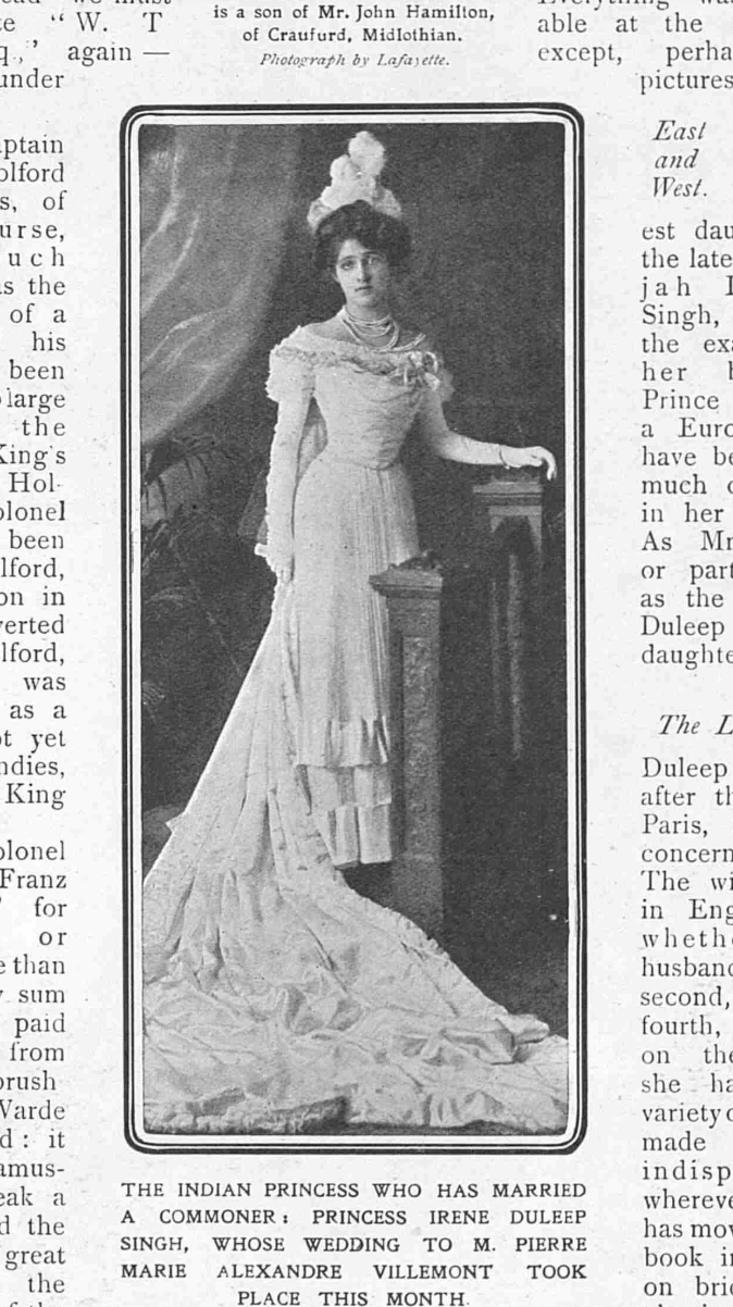 Newspaper clipping with formal portrait of woman in fitted Victorian off the shoulder wedding gown with a long train.