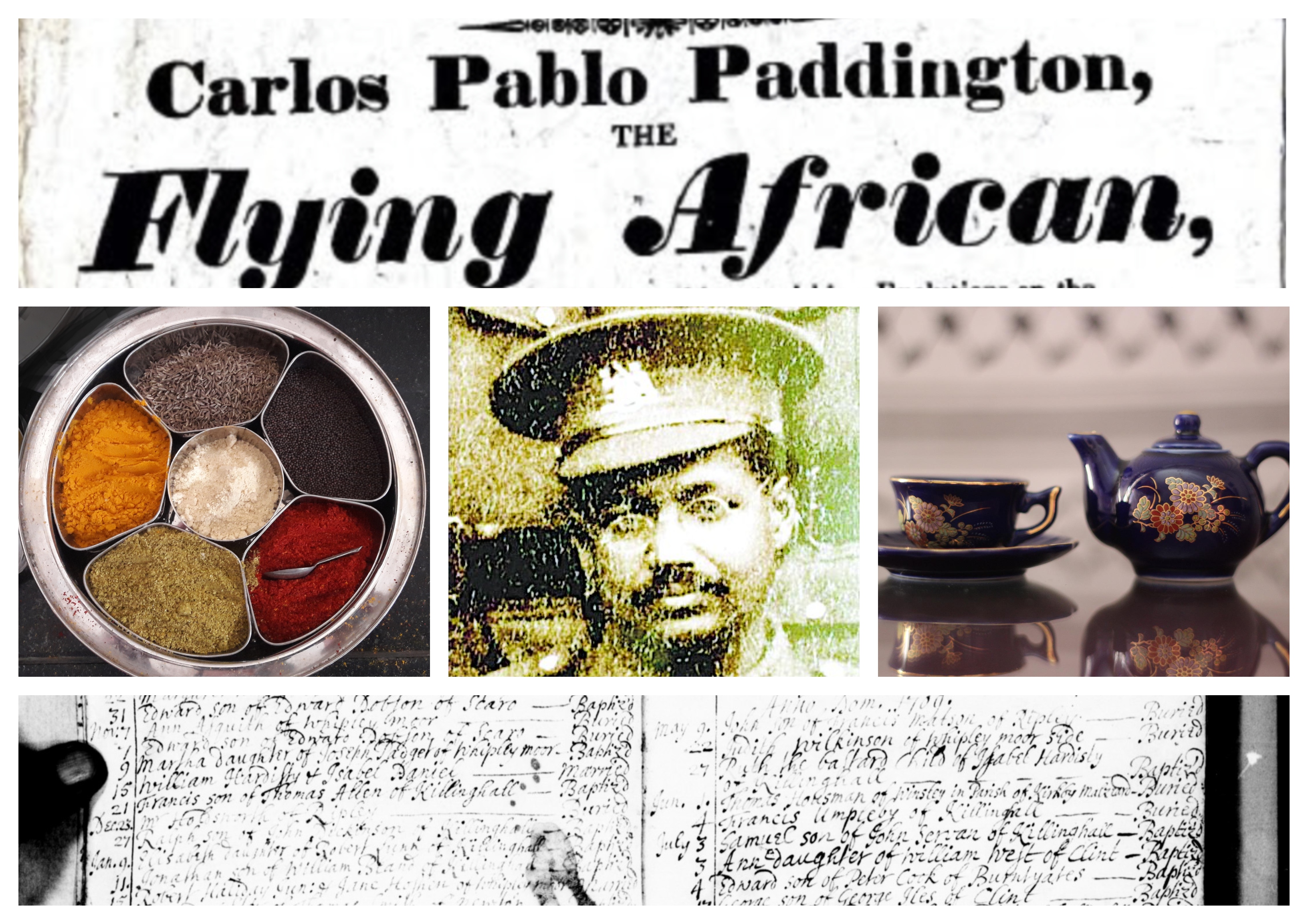 Collage: playbill, record book, spices, soldier portrait.