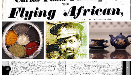 Collage: playbill, record book, spices, soldier portrait.