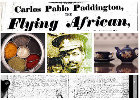 Collage: playbill, record book, spices, soldier portrait.