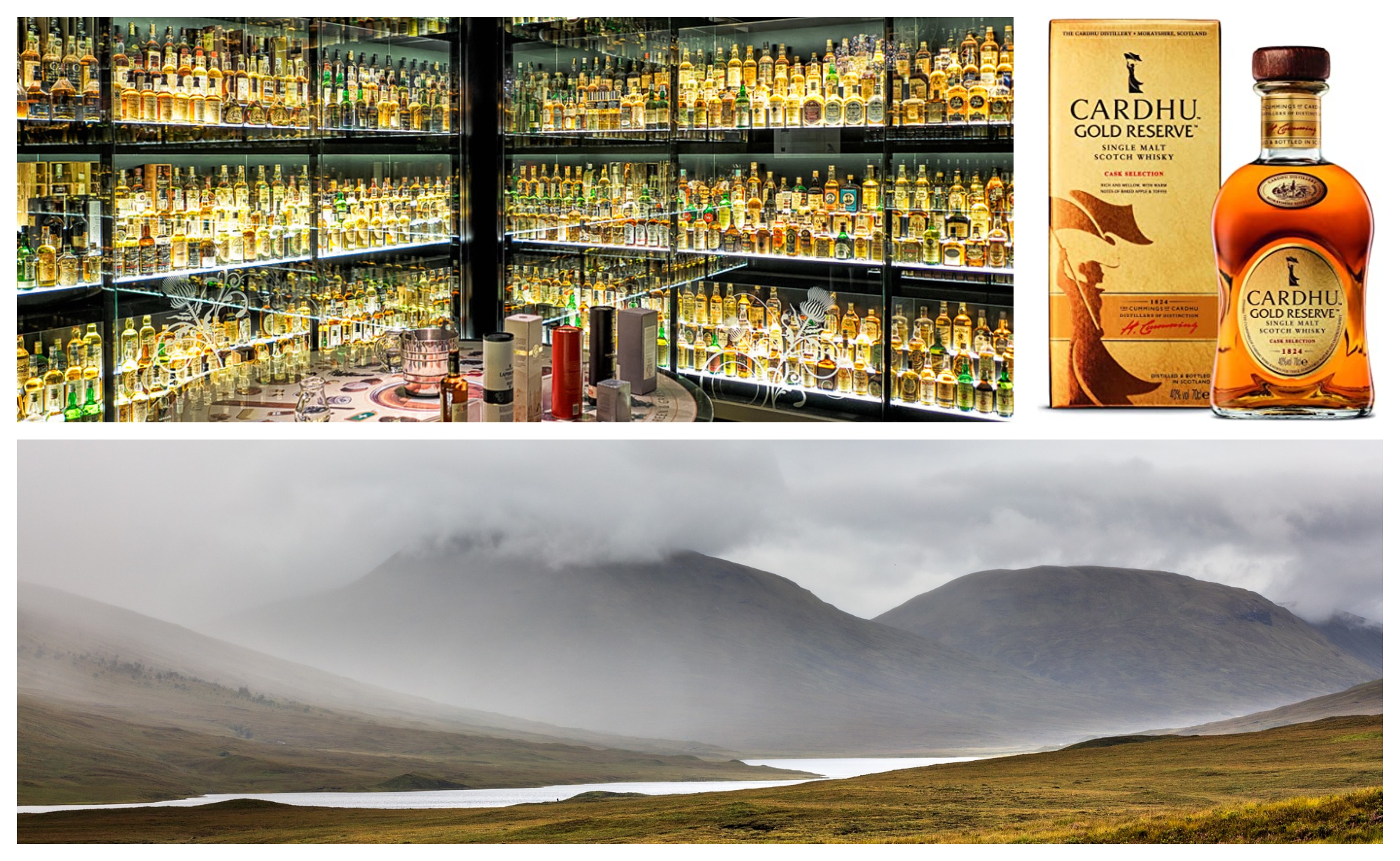 Image mosaic: room with cabinets full of whisky bottles; whisky bottle and box; misty mountainous landscape with river valley.