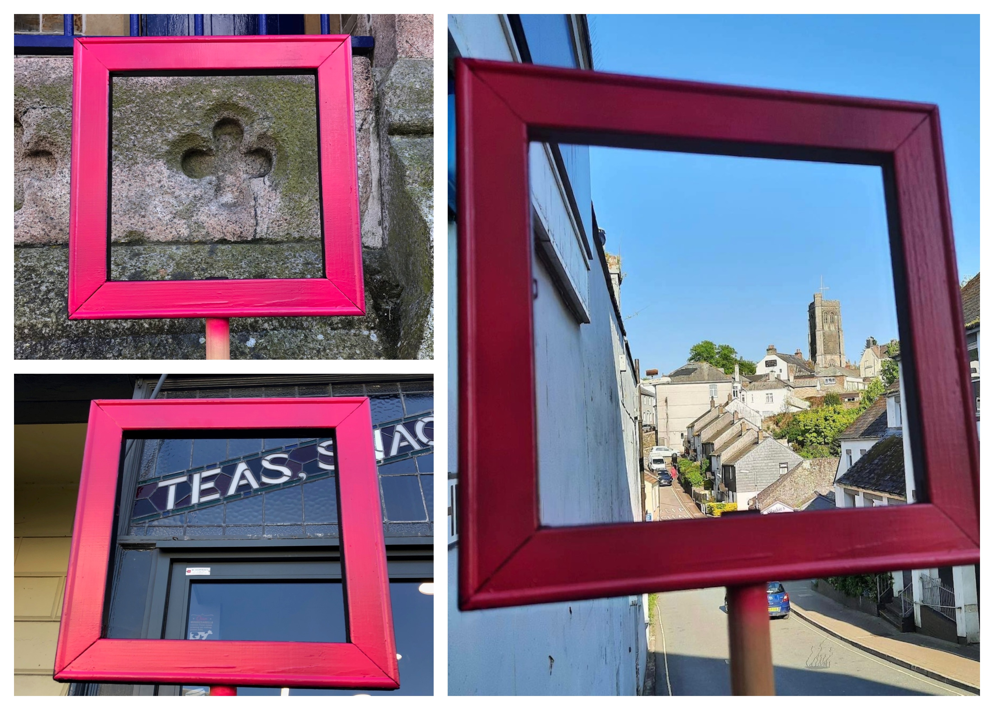 3 square pink frames held up to outline parts of a building or view.