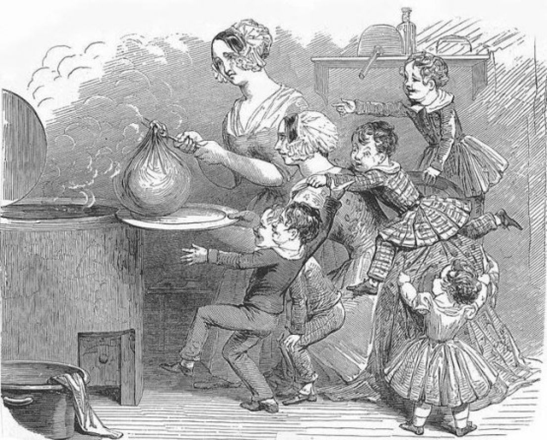 A Georgian drawing of a lady taking a steaming bag of boiled pudding and placing it on a plate held by another women. Behind them children play.