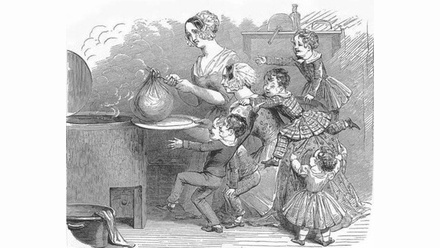 A Georgian drawing of a lady taking a steaming bag of boiled pudding and placing it on a plate held by another women. Behind them children play.