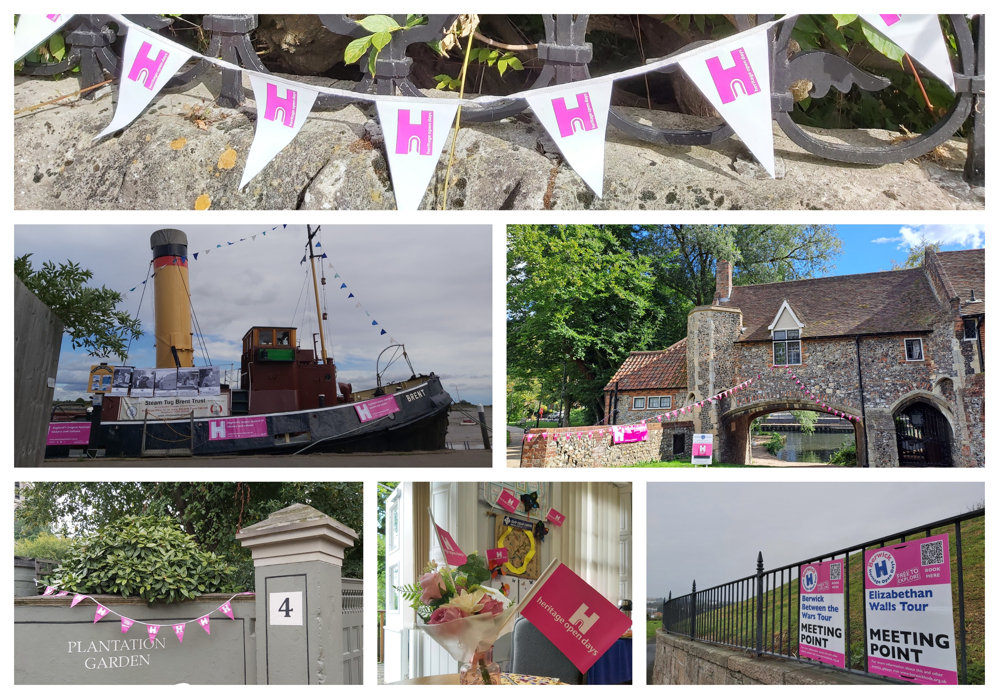Collage of images of pink bunting and posters on buildings, fences, walls and a boat.