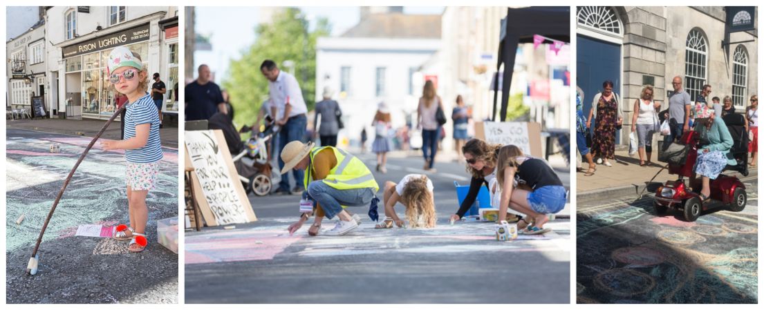 A collage of three images, showing children, adults and even those on mobility scooters drawing with chalk, sometimes on with long sticks on the road.