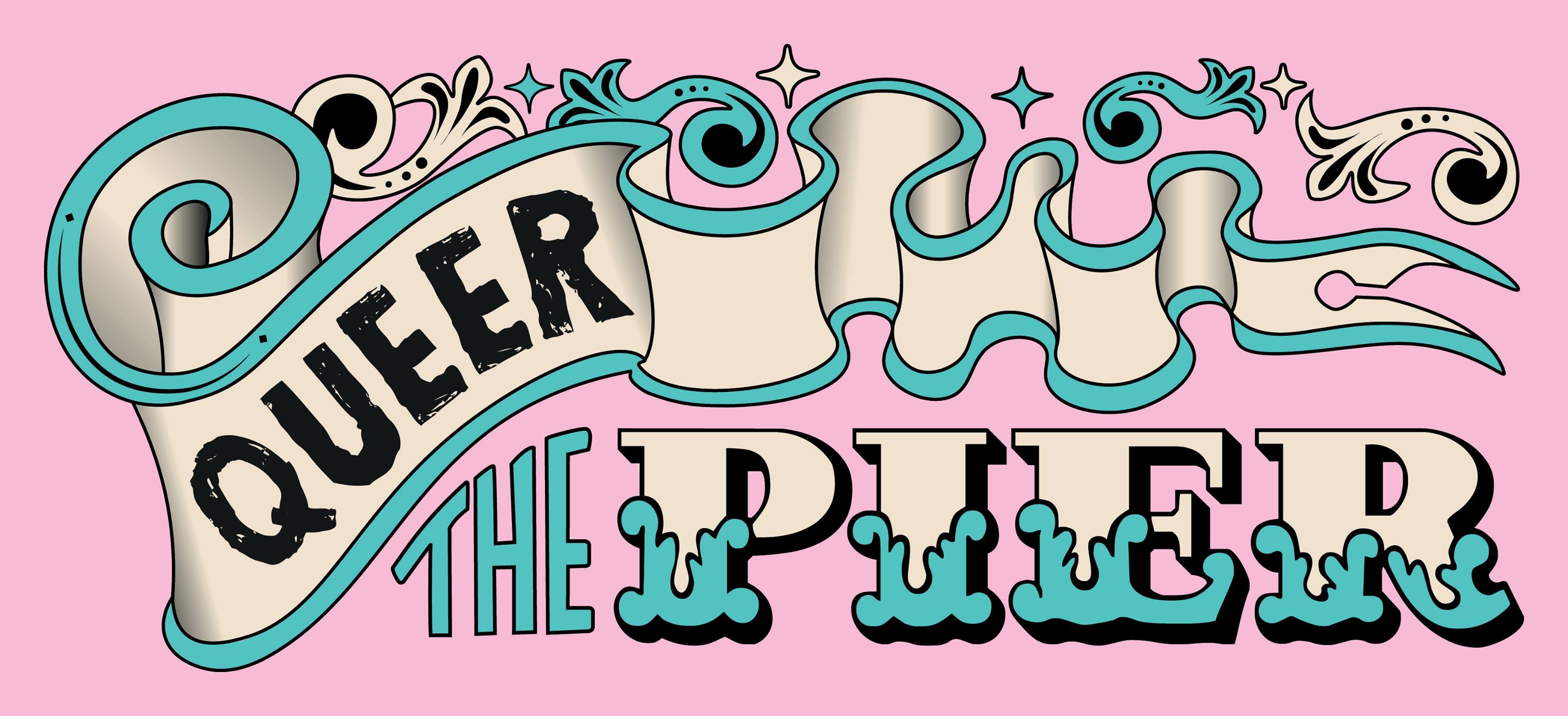 'Queer the Pier' in fairground font on a pale pink background.