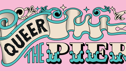 'Queer the Pier' in fairground font on a pale pink background.