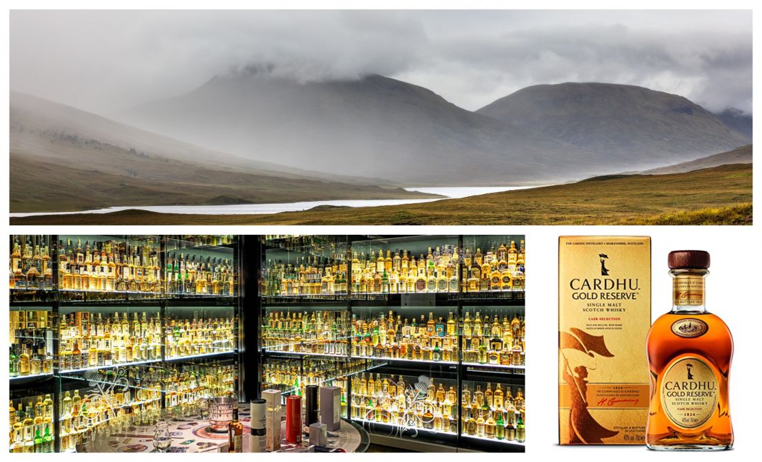 Three images. (U) Rolling mountings hidden by fog, at the base of the mountains a loch. (L) A whiskey show room with display cases. (R) Cardhu Whiskey