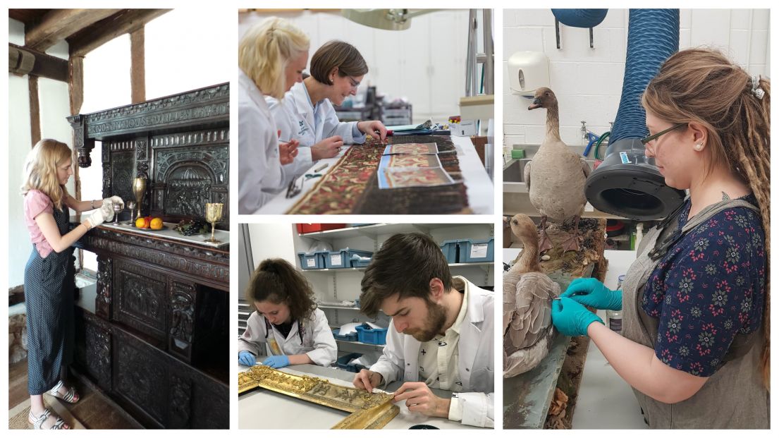 A collage of conservators at work, working on furniture and unique artefacts.