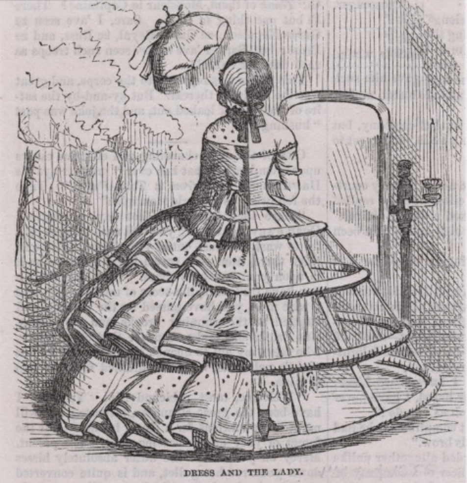 Illustration of a woman in a Victorian dress. One half showing the structure of the hooped skirt, the other the completed ruffled outfit.