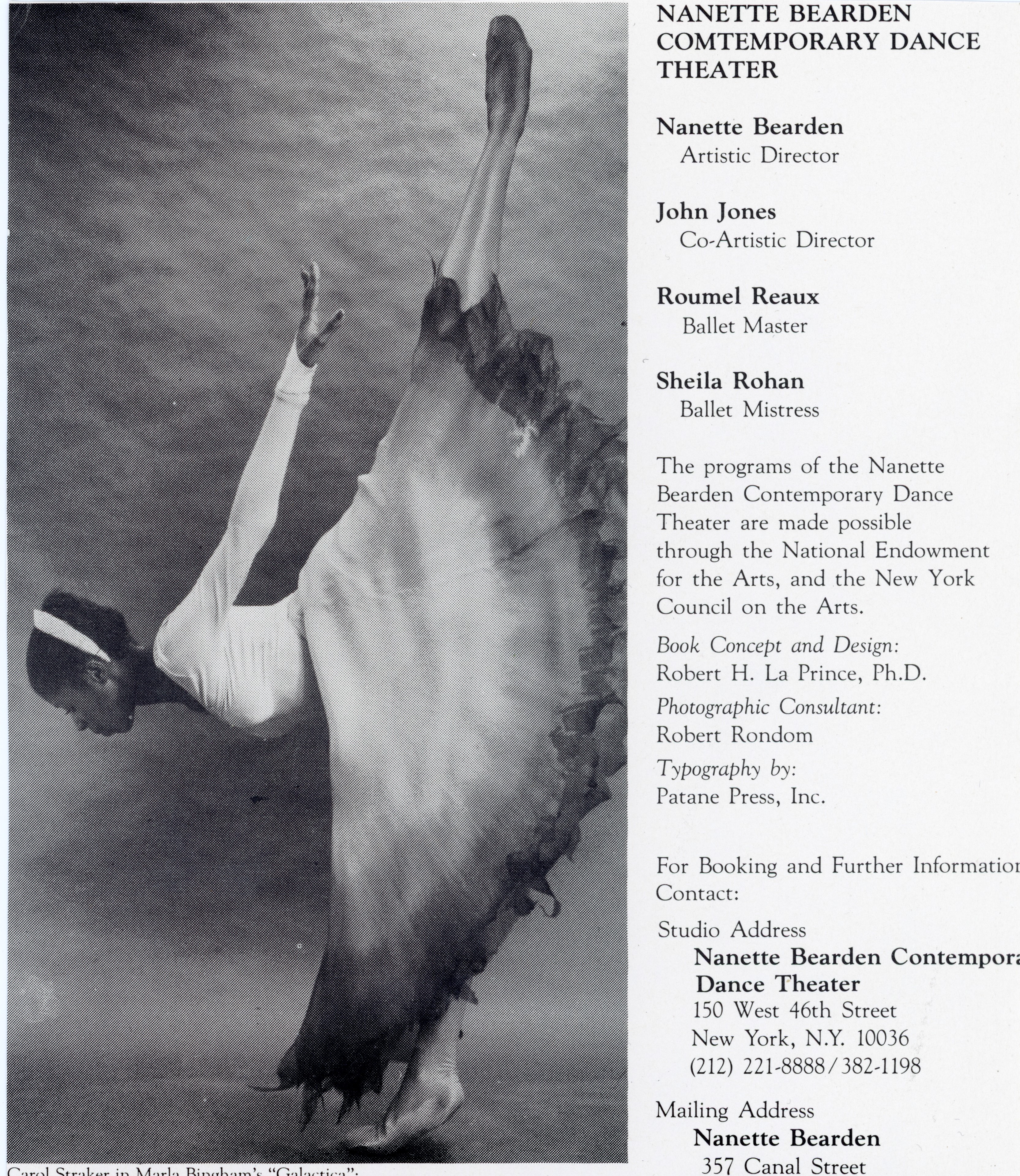 News clipping with an image of a female Black ballet dancer in a long skirt reaching towards the ground. with one leg extended.