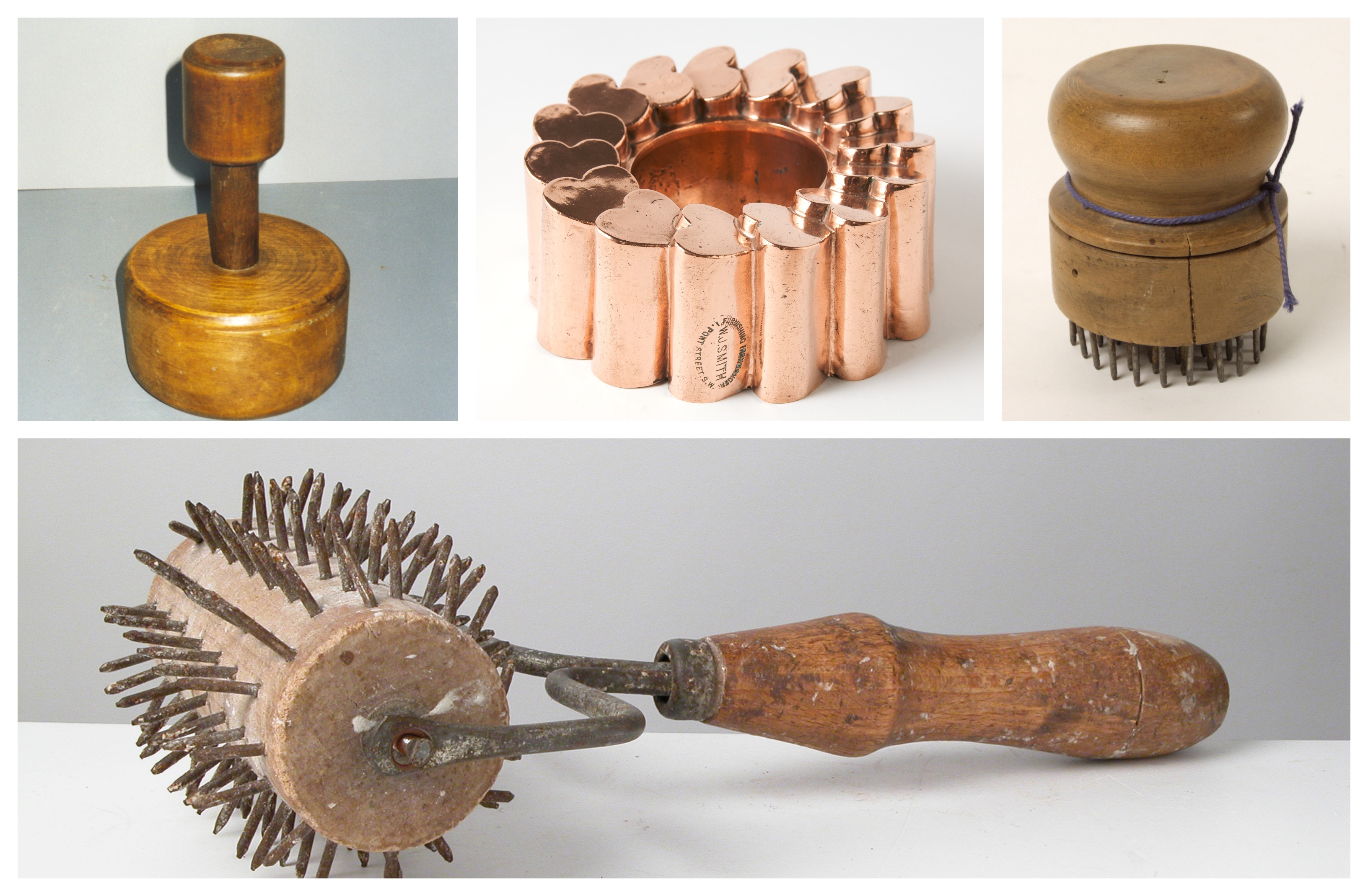 5 photogrpahs of curious baking implements., two stamps, a ring mould, and a roller with metal spikes.