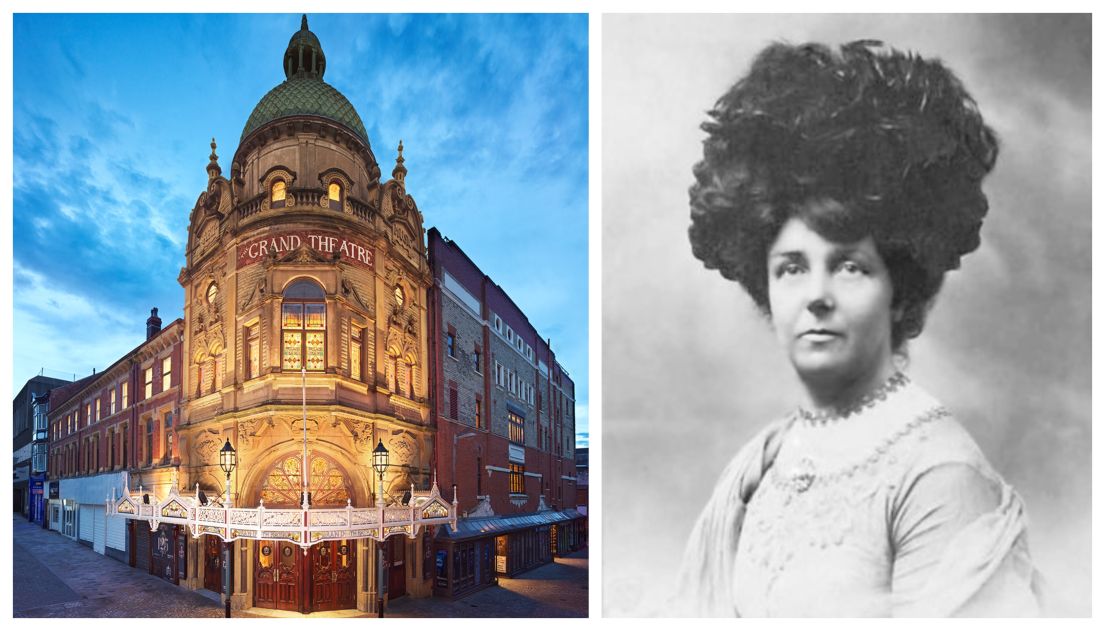 Two images - the left of a grand theatre at dusk, lit up and a domed roof. The left a black and white photo of a Victorian women.